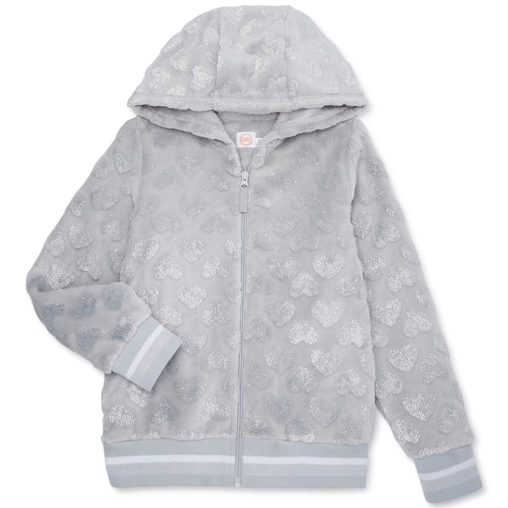 NEW Girls Sz XS 4/5 Soft Full Zip Hooded Sparkly Hearts Gray Jacket Side Pockets